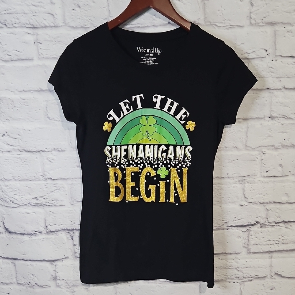 Wound Up Black Tee with Shamrock Graphic